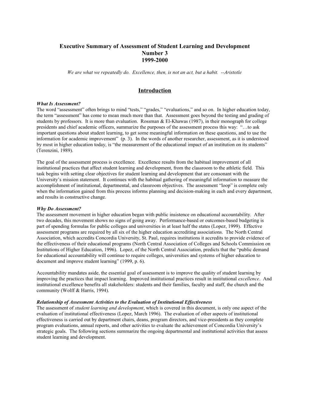 Executive Summary of Assessment of Student Learning and Development