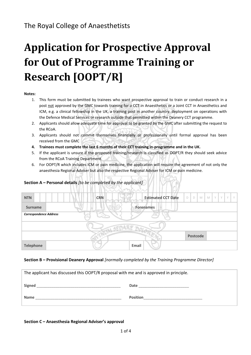 Application for Prospective Approval for out of Programme Training Or Research OOPT/R