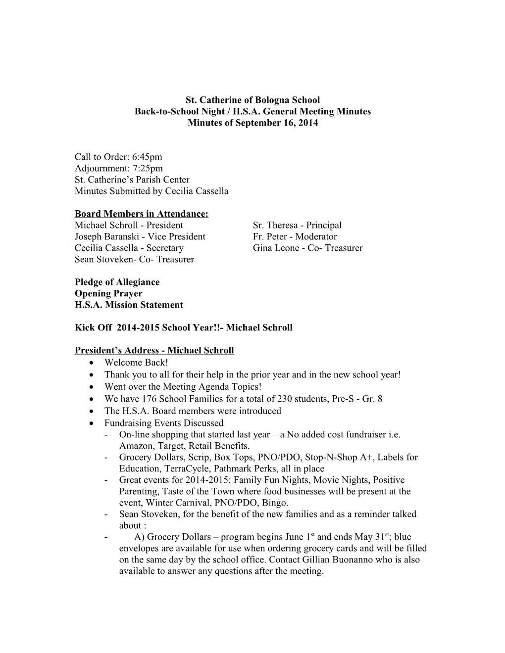 Back-To-School Night / H.S.A. General Meeting Minutes