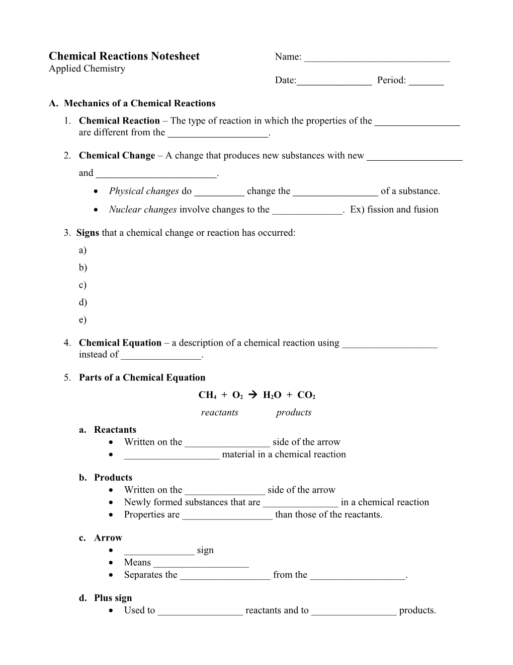 Chemical Reactions Notesheet Name: ______