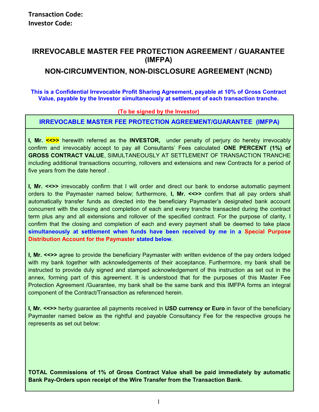 Irrevocable Master Fee Protection Agreement / Guarantee (Imfpa)