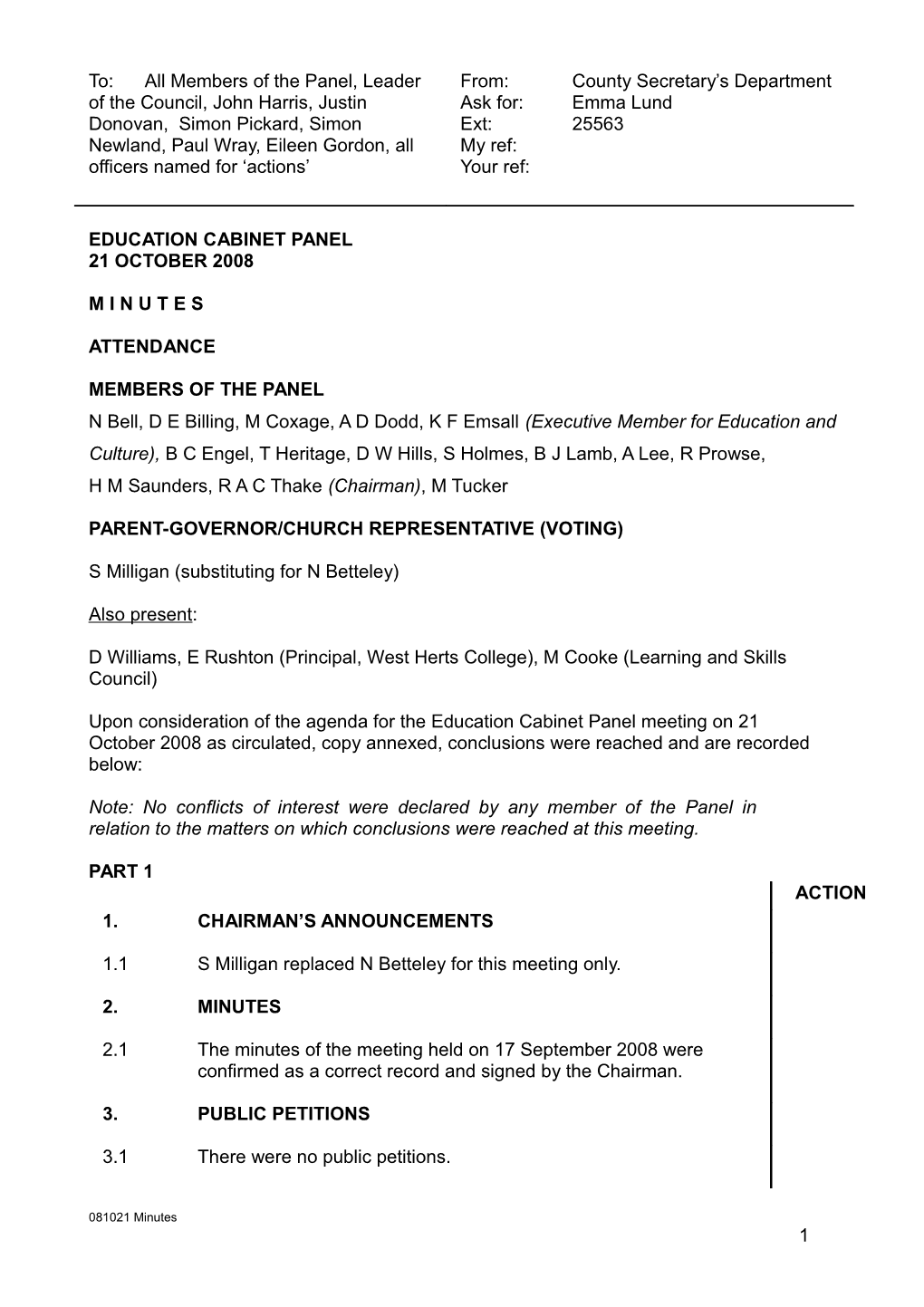 Minutes of the Meeting of the Education Cabinet Panel Held on Tuesday 21 October 2008