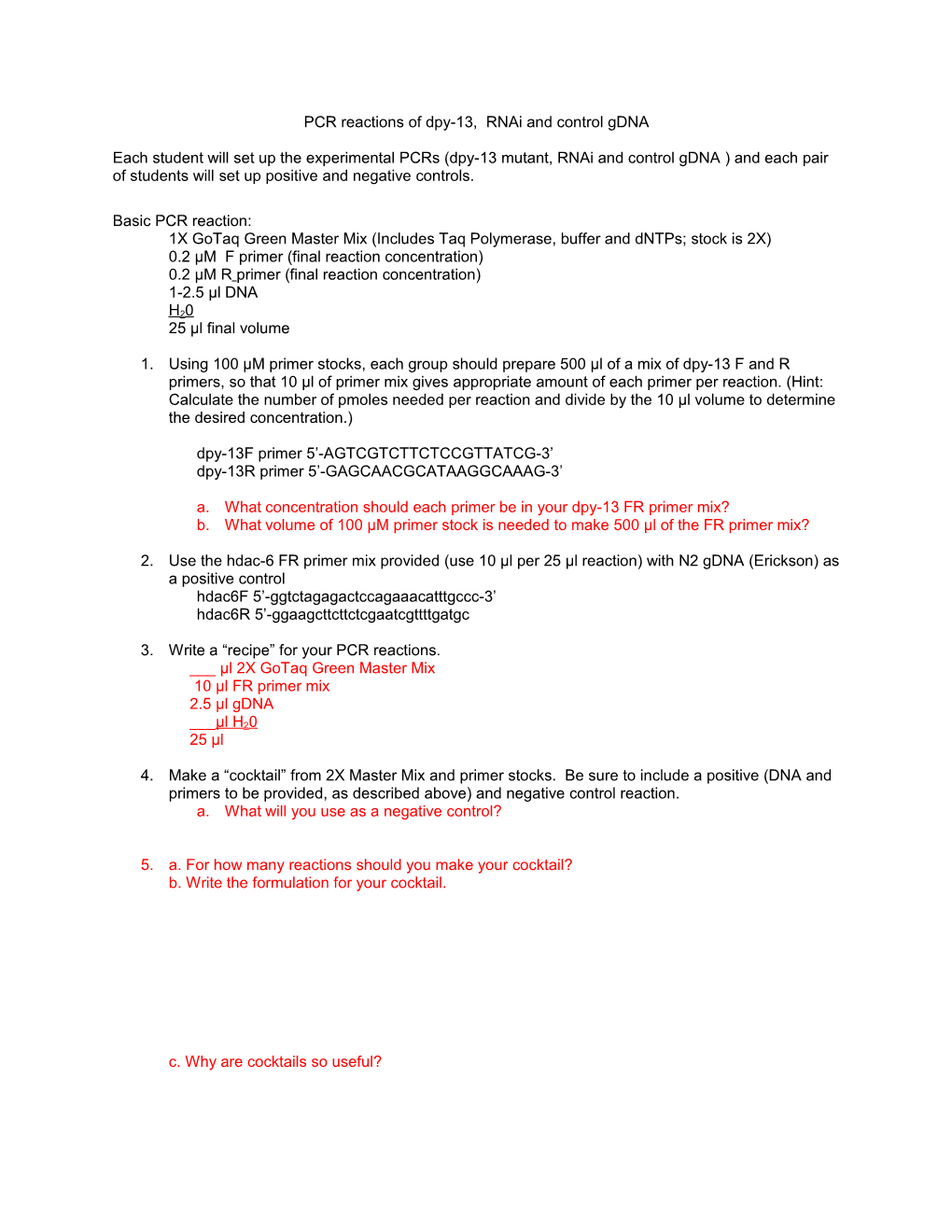 PCR Reactions of Dpy-13, Rnai and Control Gdna