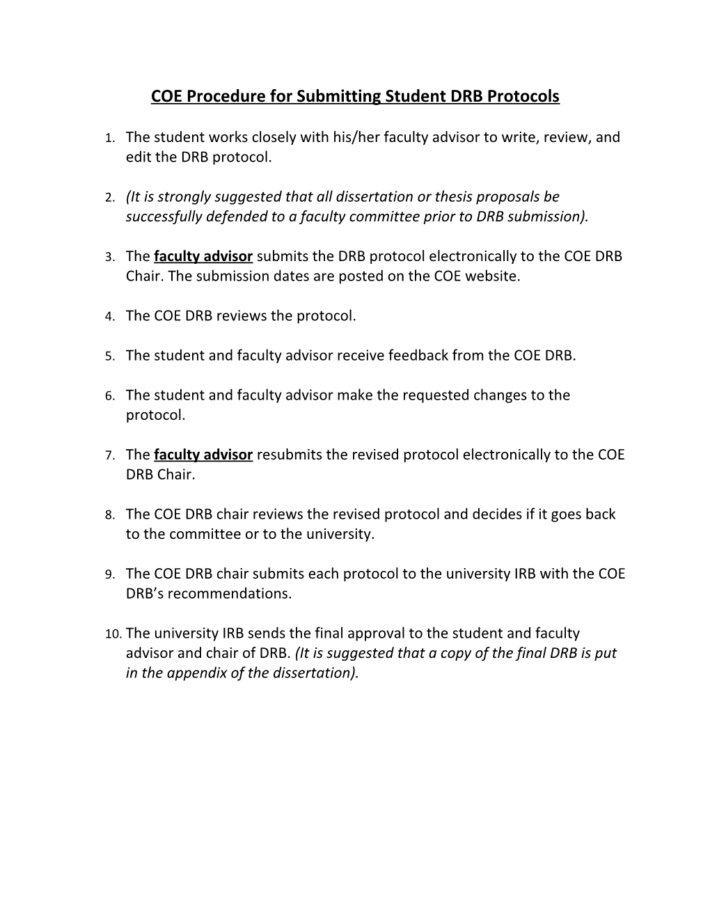 COE Procedure for Submitting Student DRB Protocols