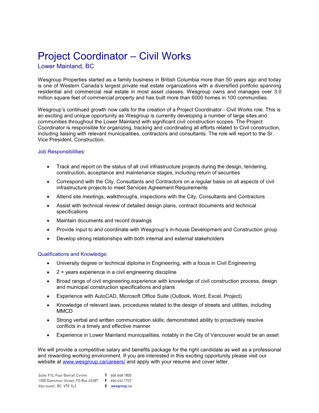 Project Coordinator Civil Works