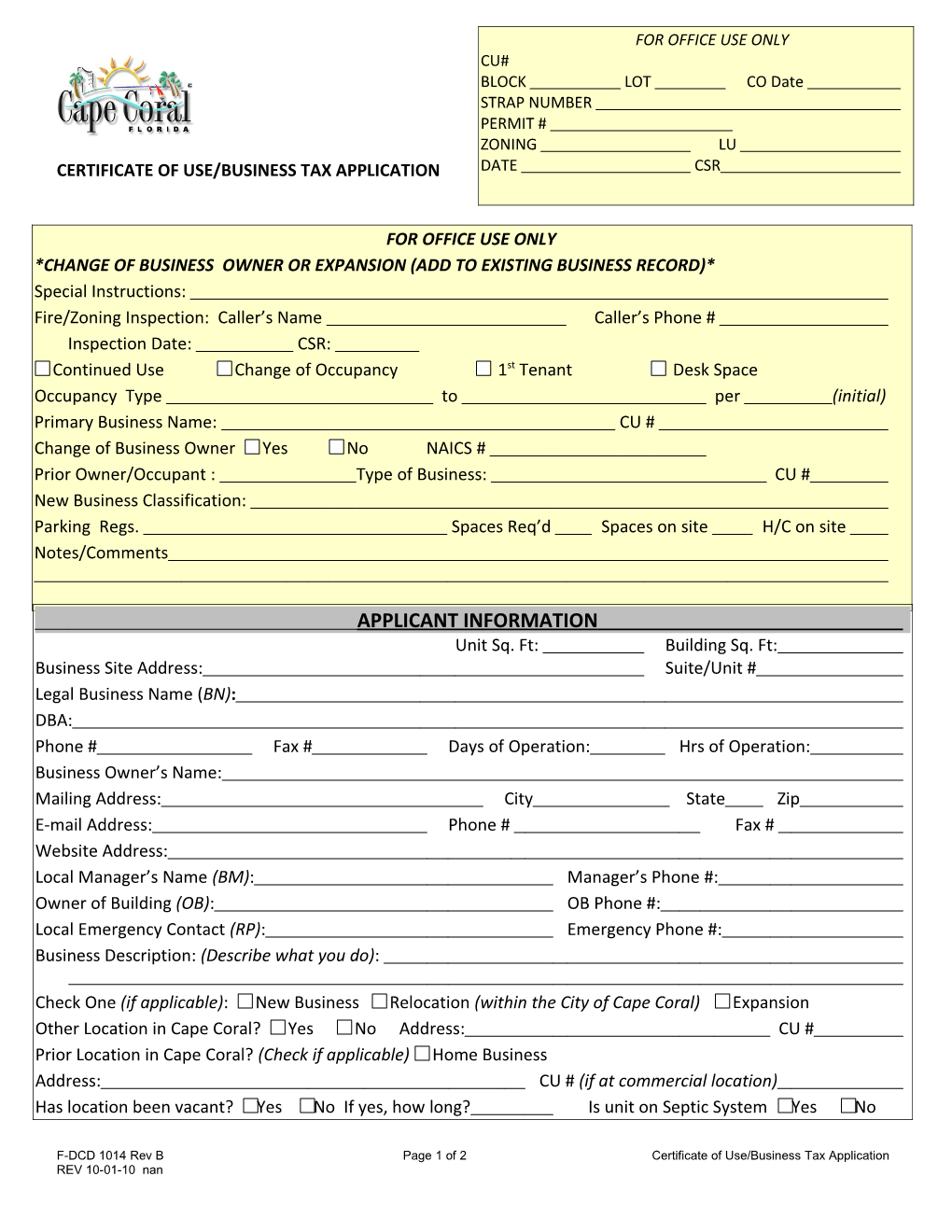 Certificate of Use/Business Tax Application Cont