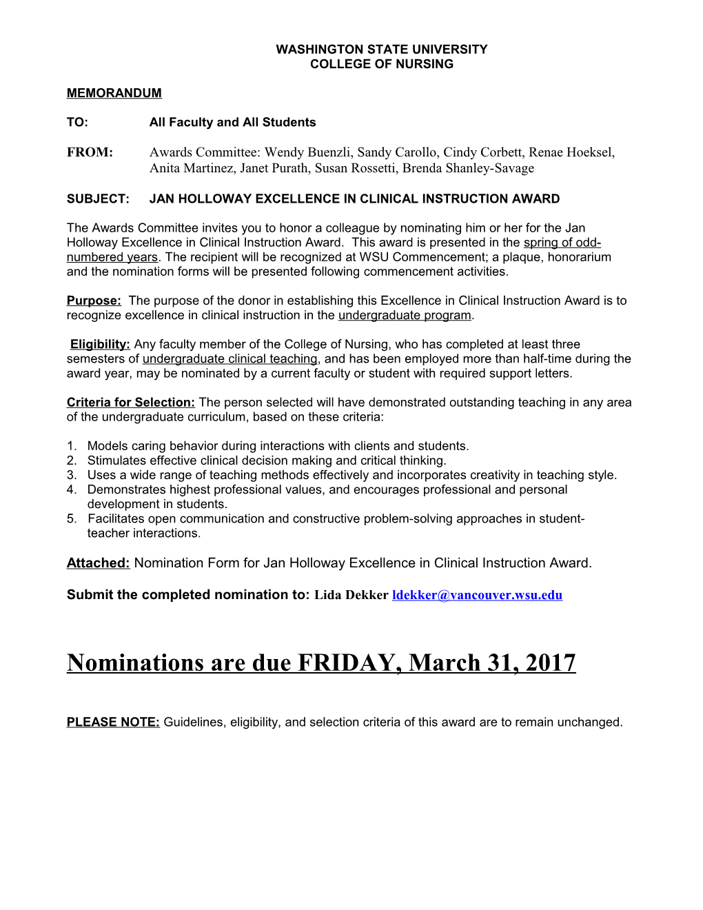 Memorandum: Jan Holloway Excellence in Clinical Instruction Award