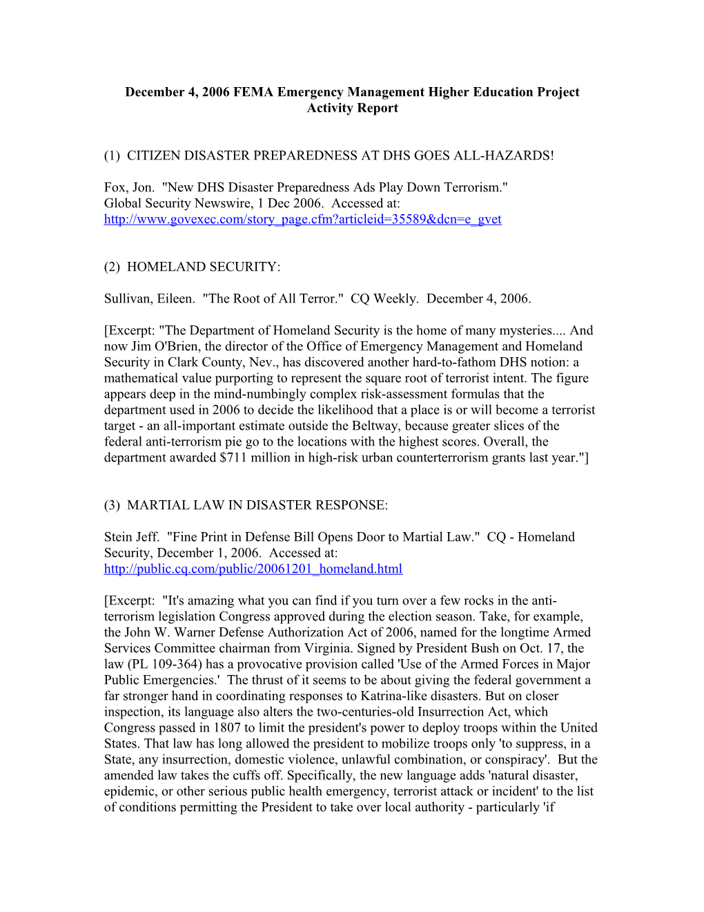 December 4, 2006 FEMA Emergency Management Higher Education Project Activity Report