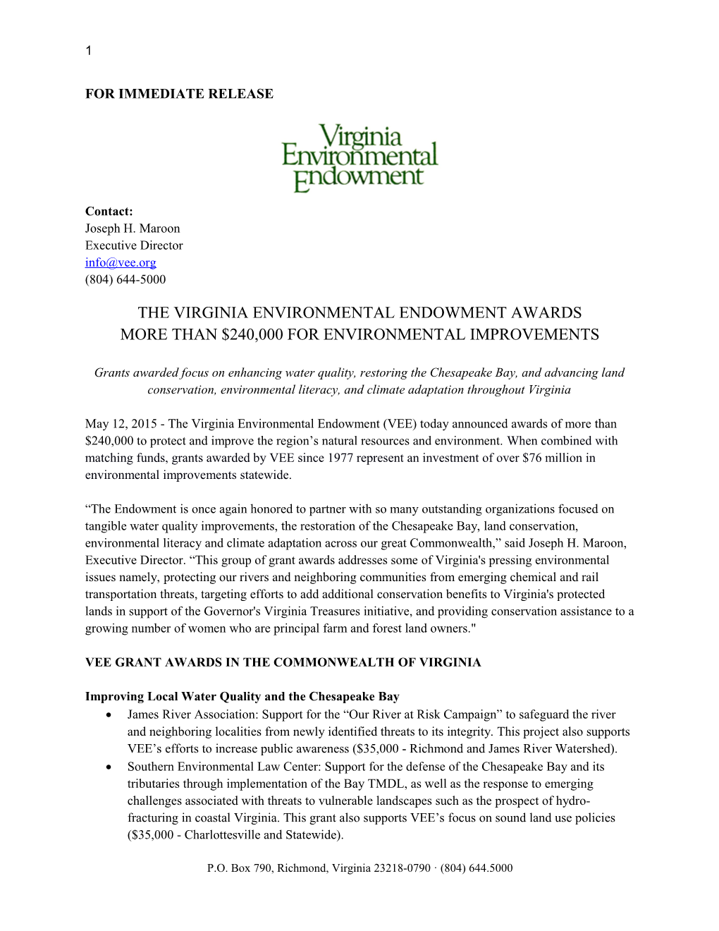 VEE Grantees Press Release May 2014