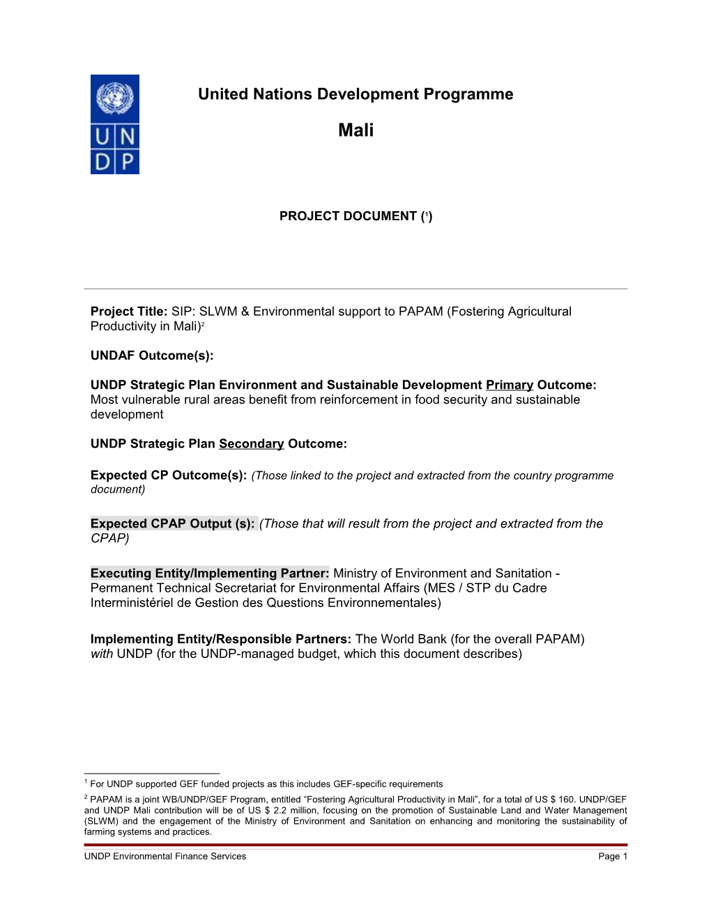 Mali UNDP/GEF Project Document