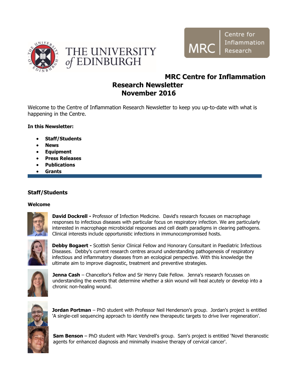 MRC Centre for Inflammation Research Newsletter