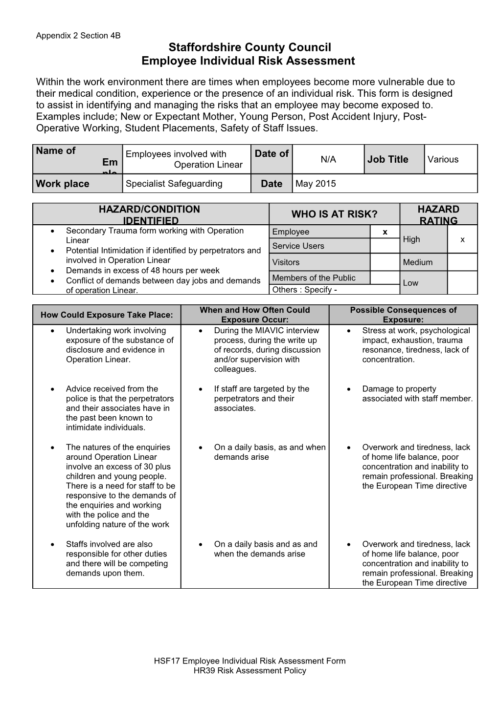 Section 4B Appendix 2 Staffordshire Generic Employee Risk Assessment