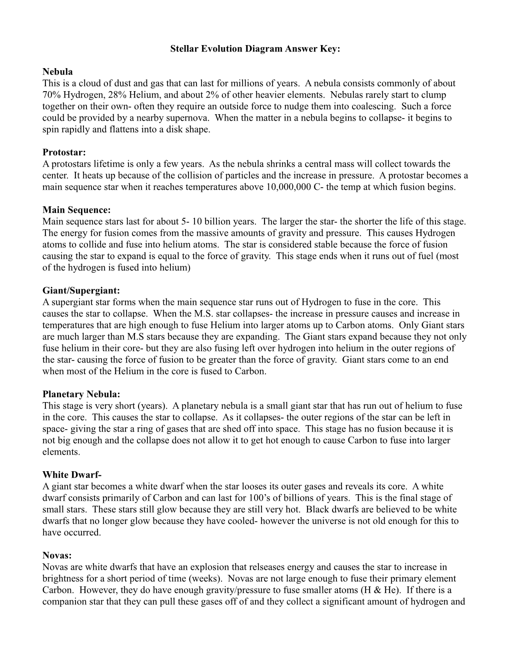 Stellar Evolution Diagram Answer Key