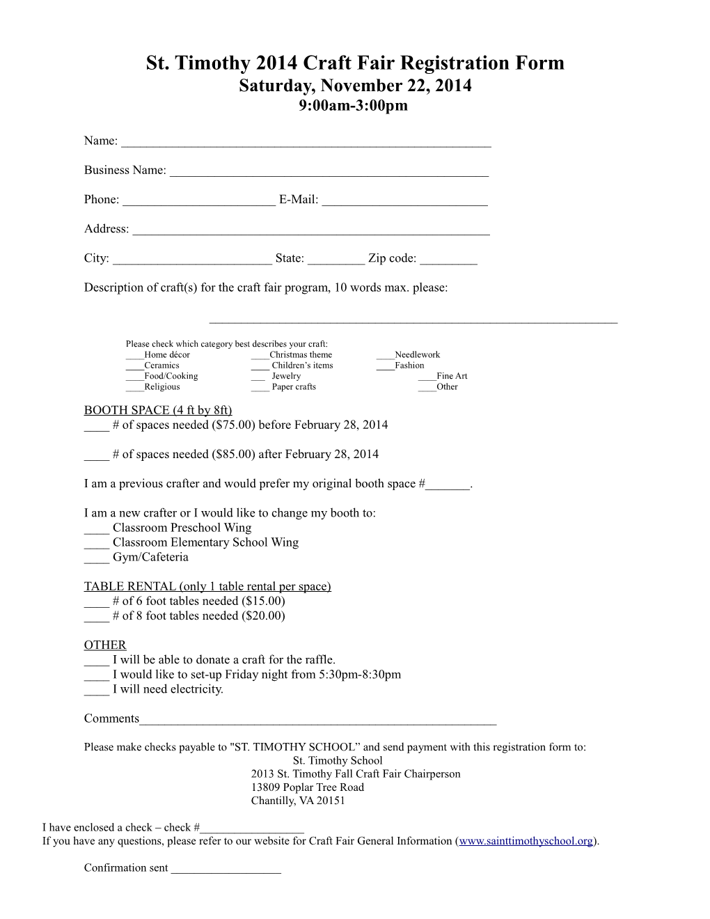 St. Timothy 2014 Craft Fair Registration Form