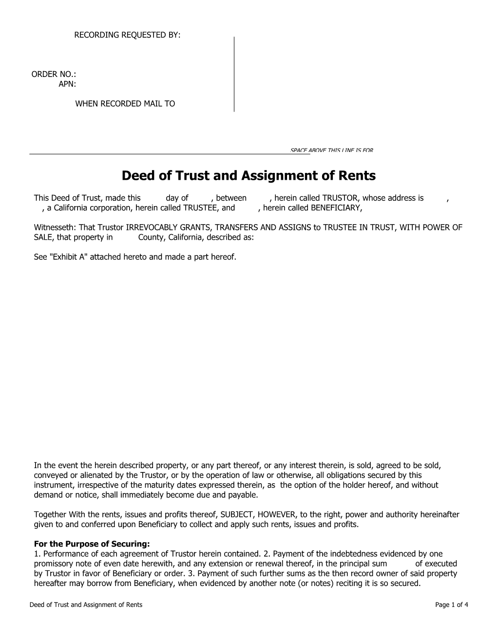 Deed of Trust Assignment of Rents Due on Sale