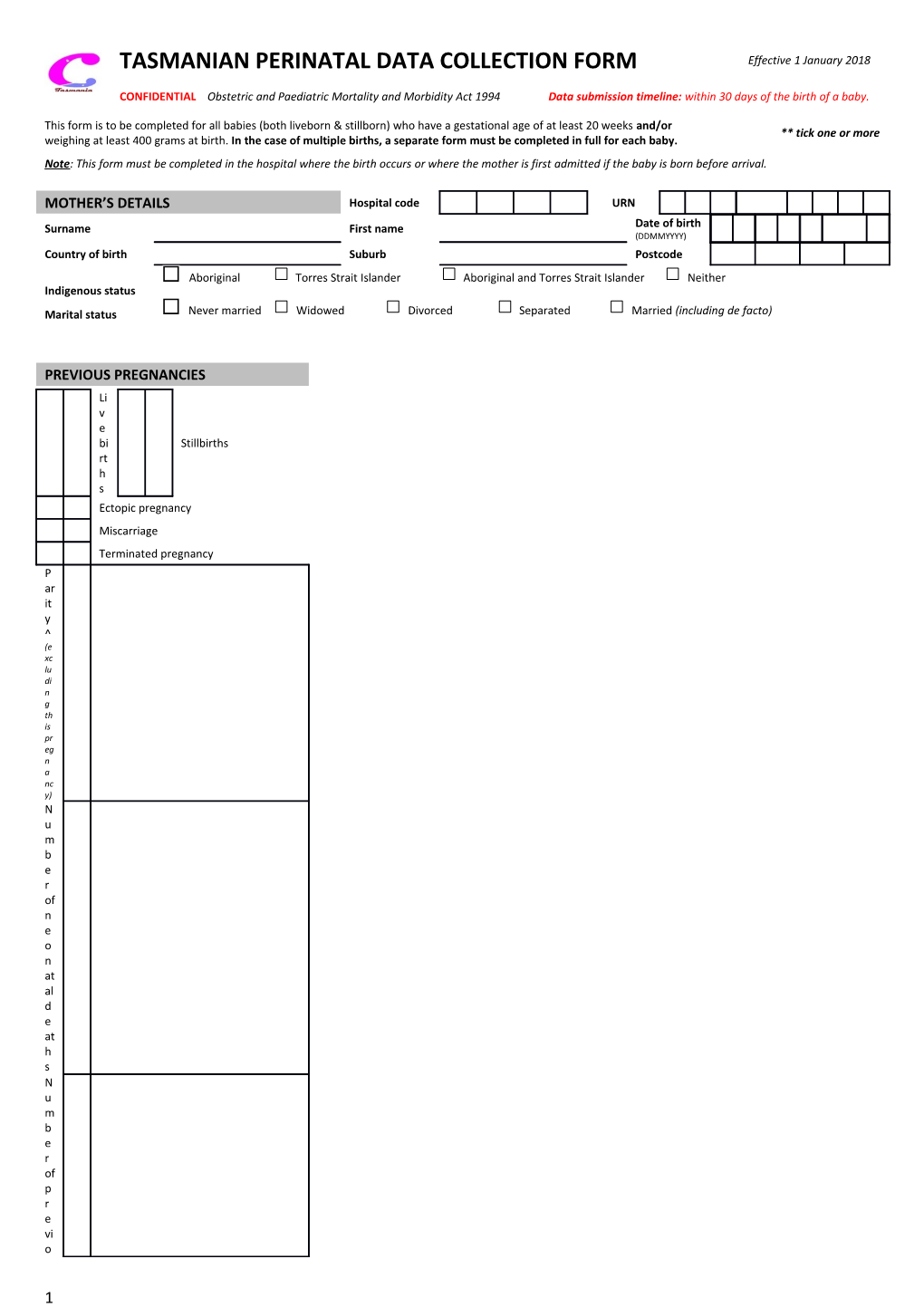 Tasmanian Perinatal Data Collection Form 2018