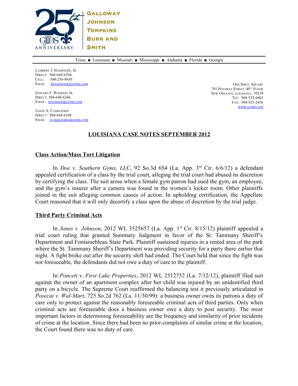 New Case Decisions in Louisiana - October 2012 (02950986)