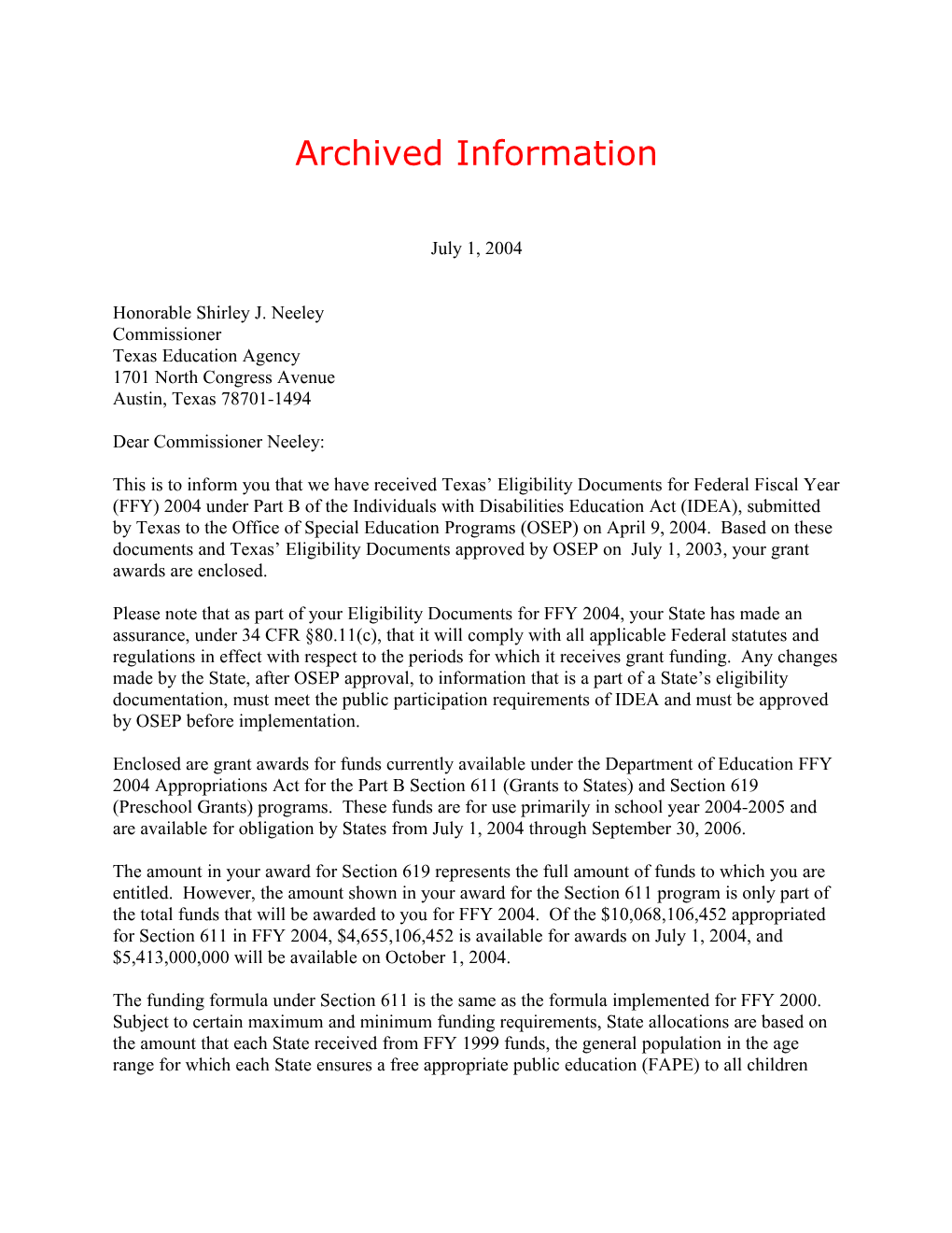 Archived: 2004 Texas Individuals with Disabilities Act (IDEA) Part B Grant Award Letter