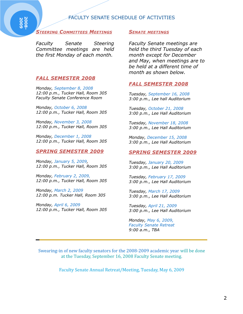 Faculty Senate Schedule of Activities