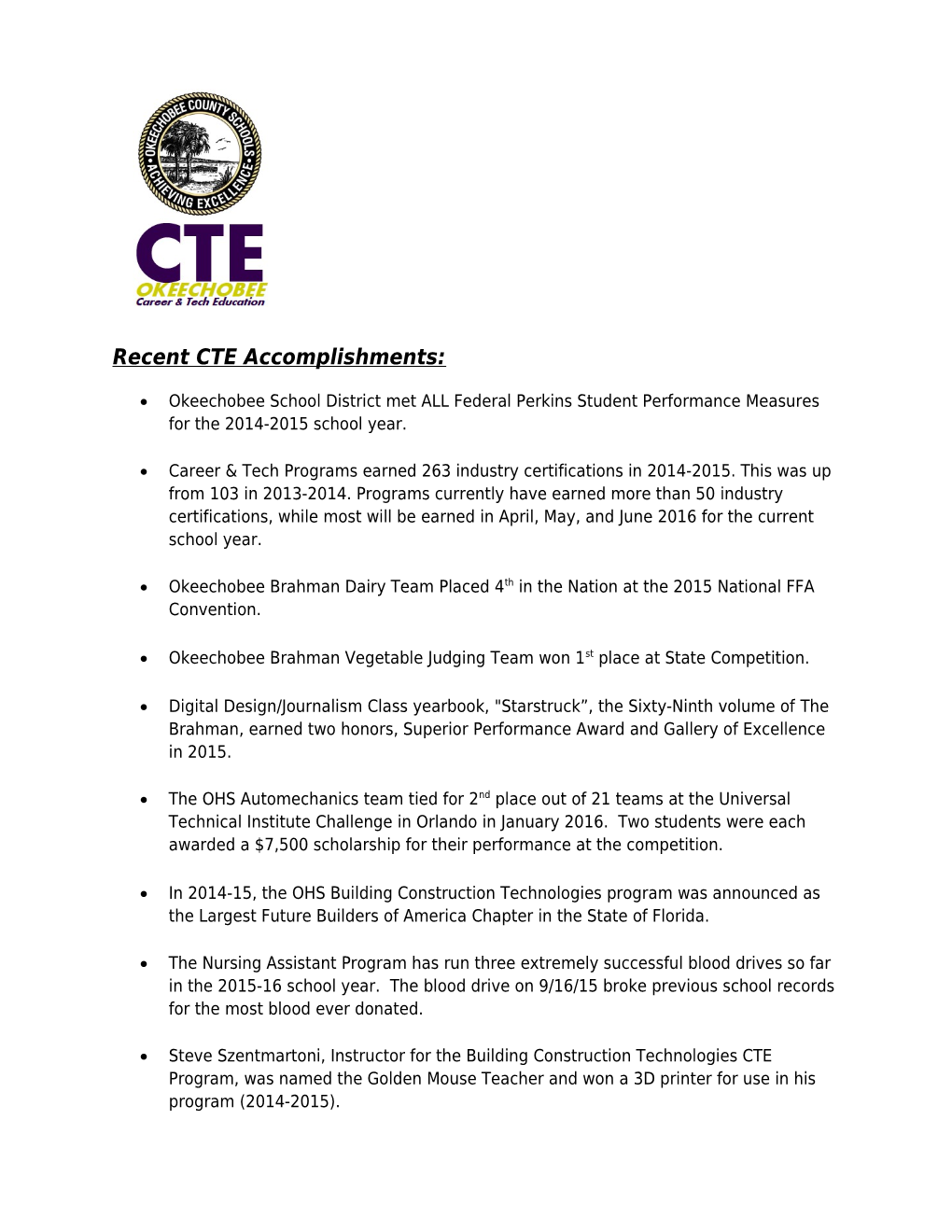 Recent CTE Accomplishments