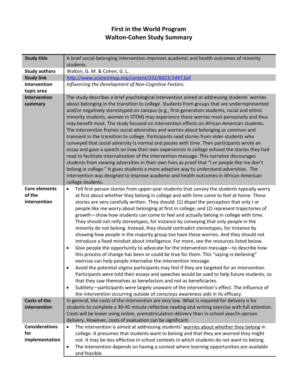 Walton-Cohen Study Summary Under the First in the World Program (MS Word)