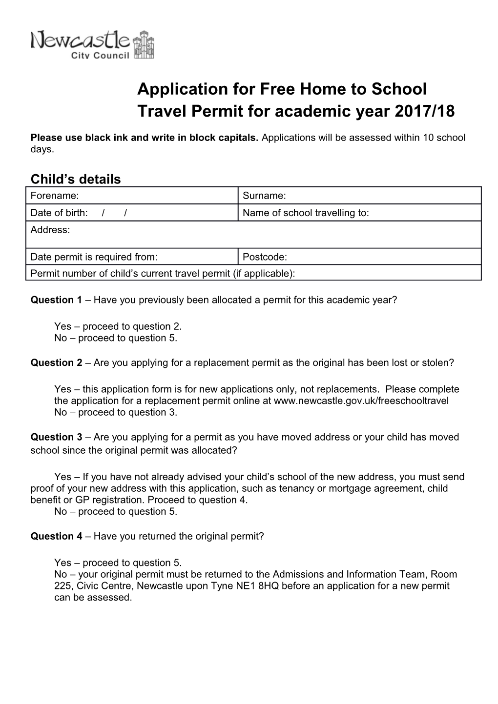 Application for Free Home to School Travel Permit for Academic Year 2017/18