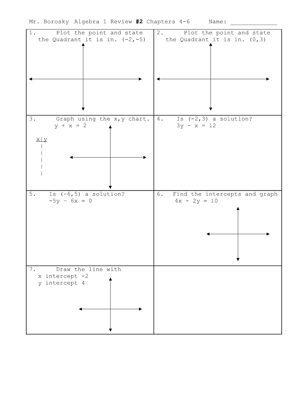 Mr. Boroskyalgebra 1 Review #2 Chapters 4-6 Name: ______