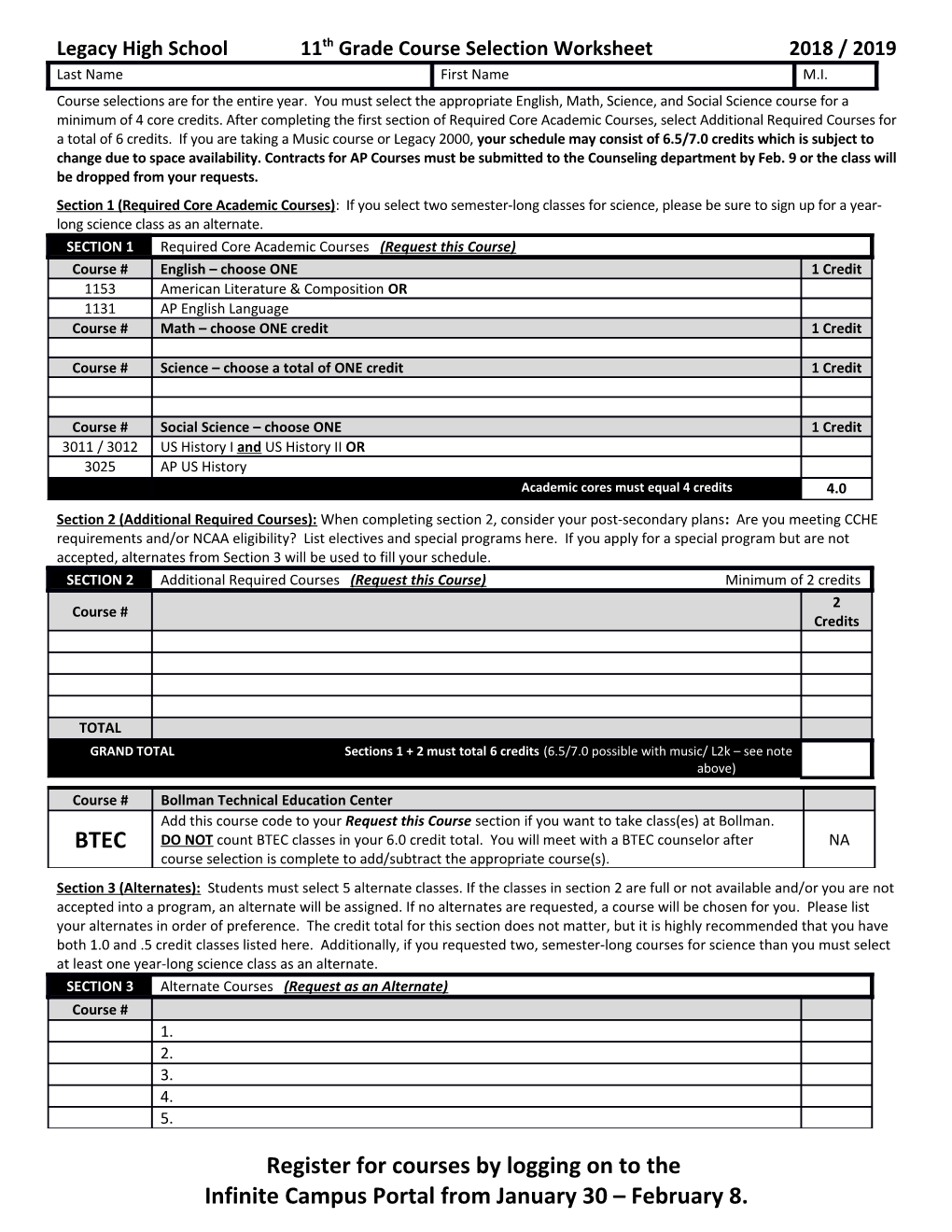 Legacy High School11th Grade Course Selection Worksheet2018 / 2019