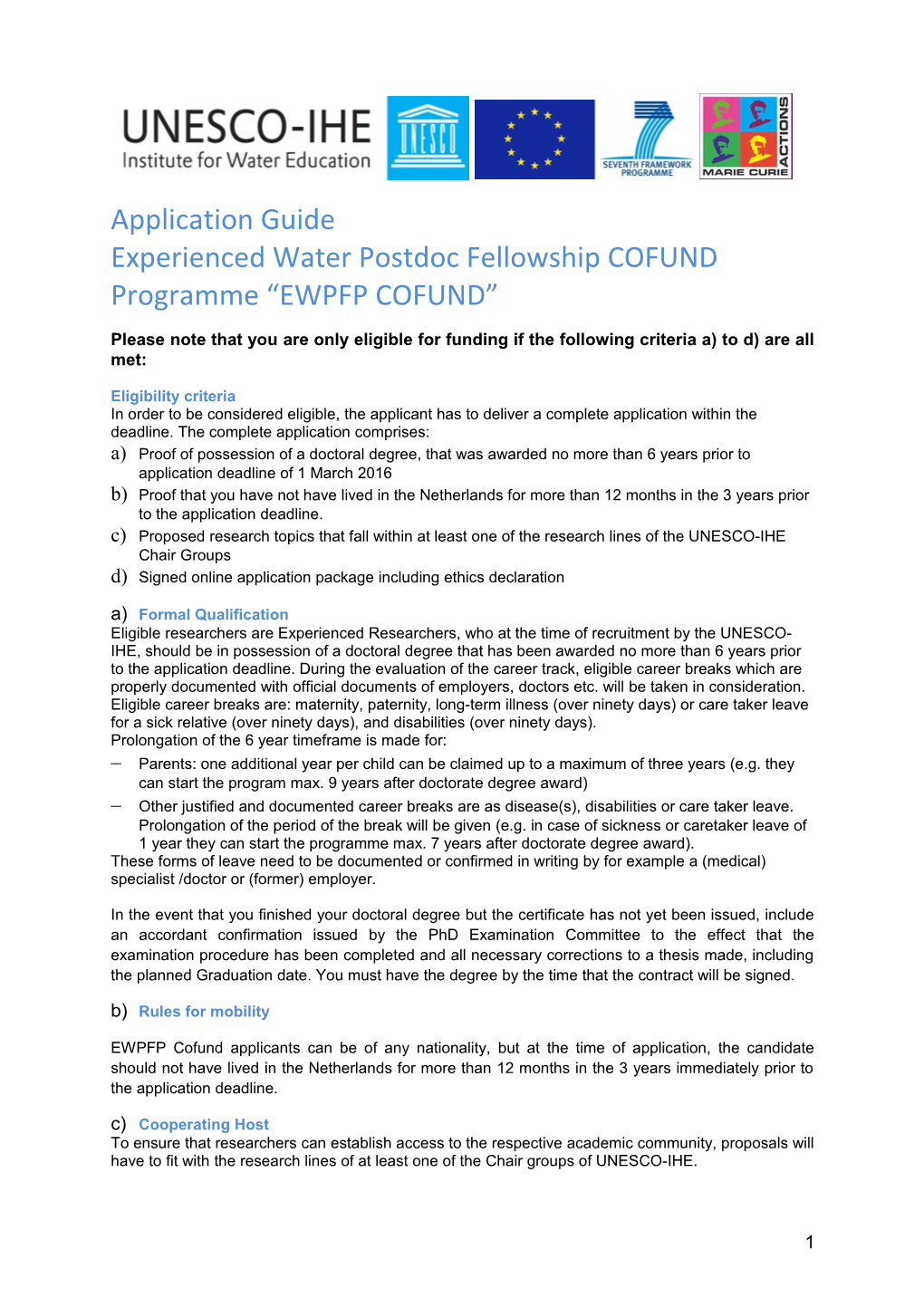 Experienced Water Postdoc Fellowship COFUND Programme EWPFP COFUND