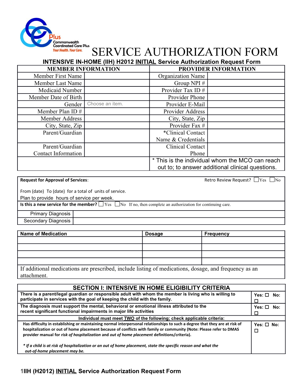 INTENSIVE IN-HOME(IIH) H2012 INITIAL Service Authorization Request Form