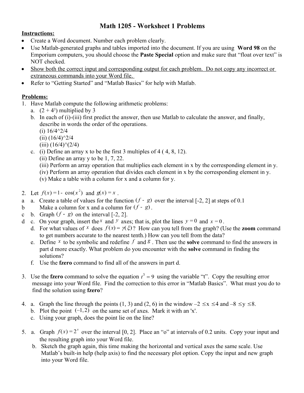 Math 1205 - Worksheet 1 Problems