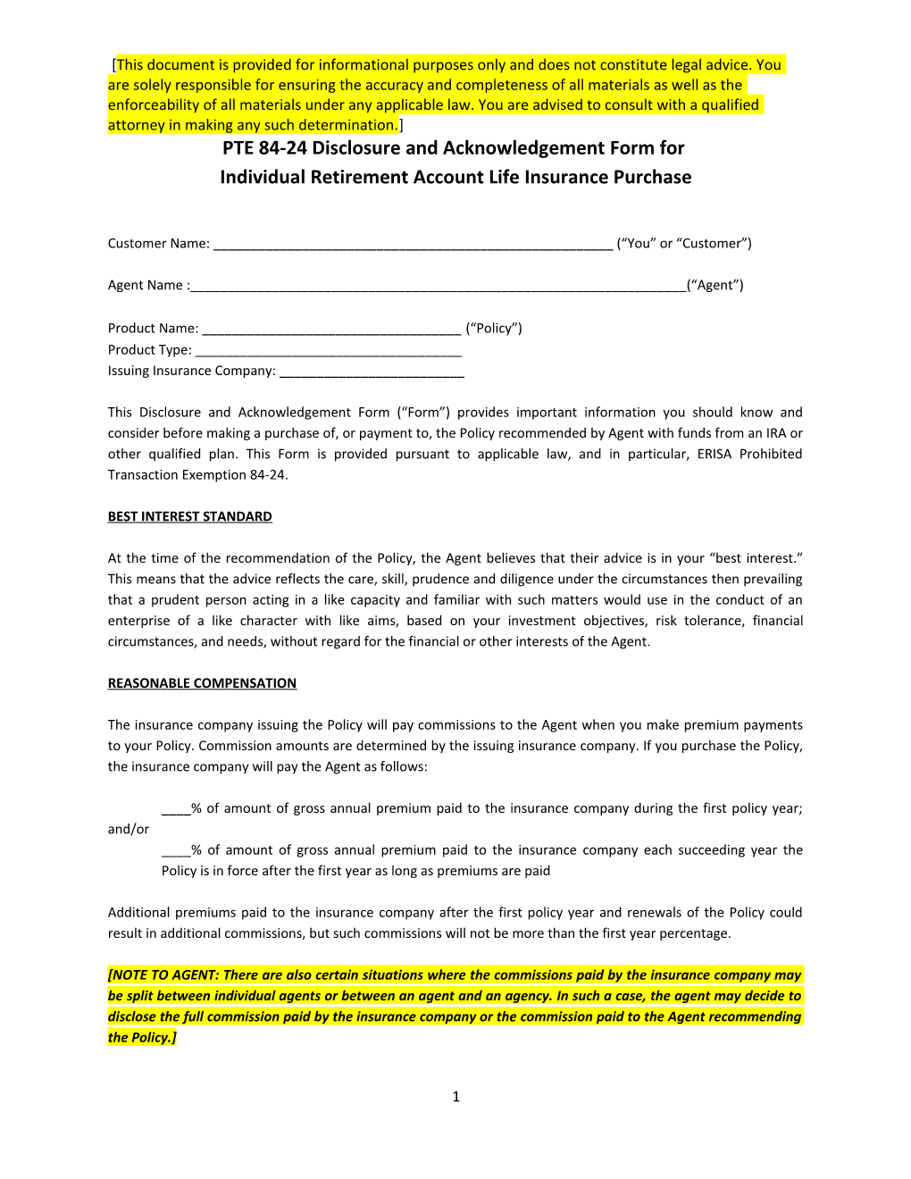 PTE 84-24 Disclosure and Acknowledgement Form For