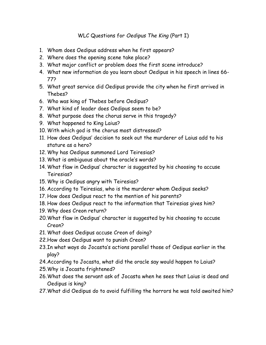 WLC Questions for Oedipus the King (Part I)