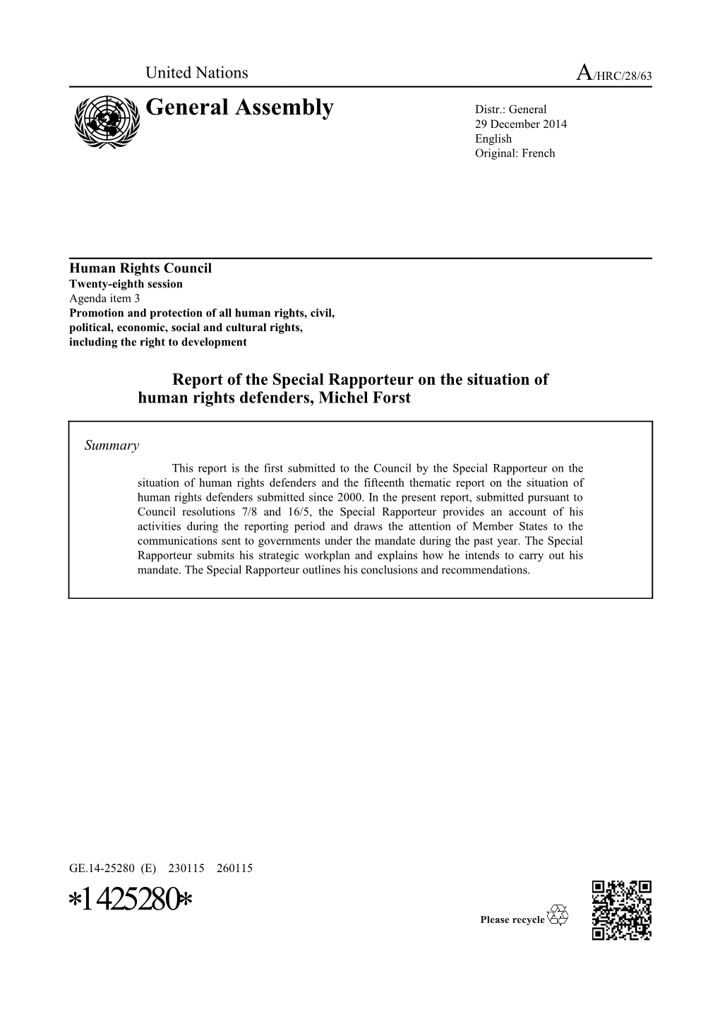 Report of the Special Rapporteur on the Situation of Human Rights Defenders, Michel Forst
