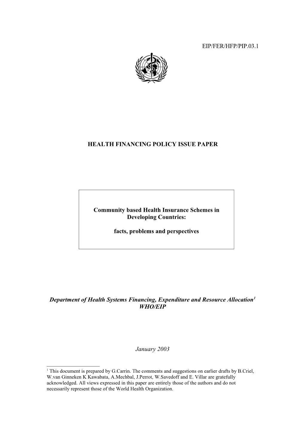 Health Financing Policy Issue Paper