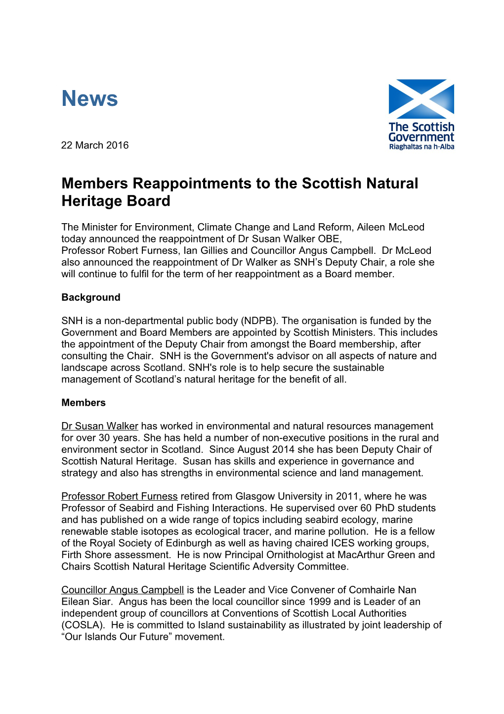 Members Reappointments to the Scottish Natural Heritage Board