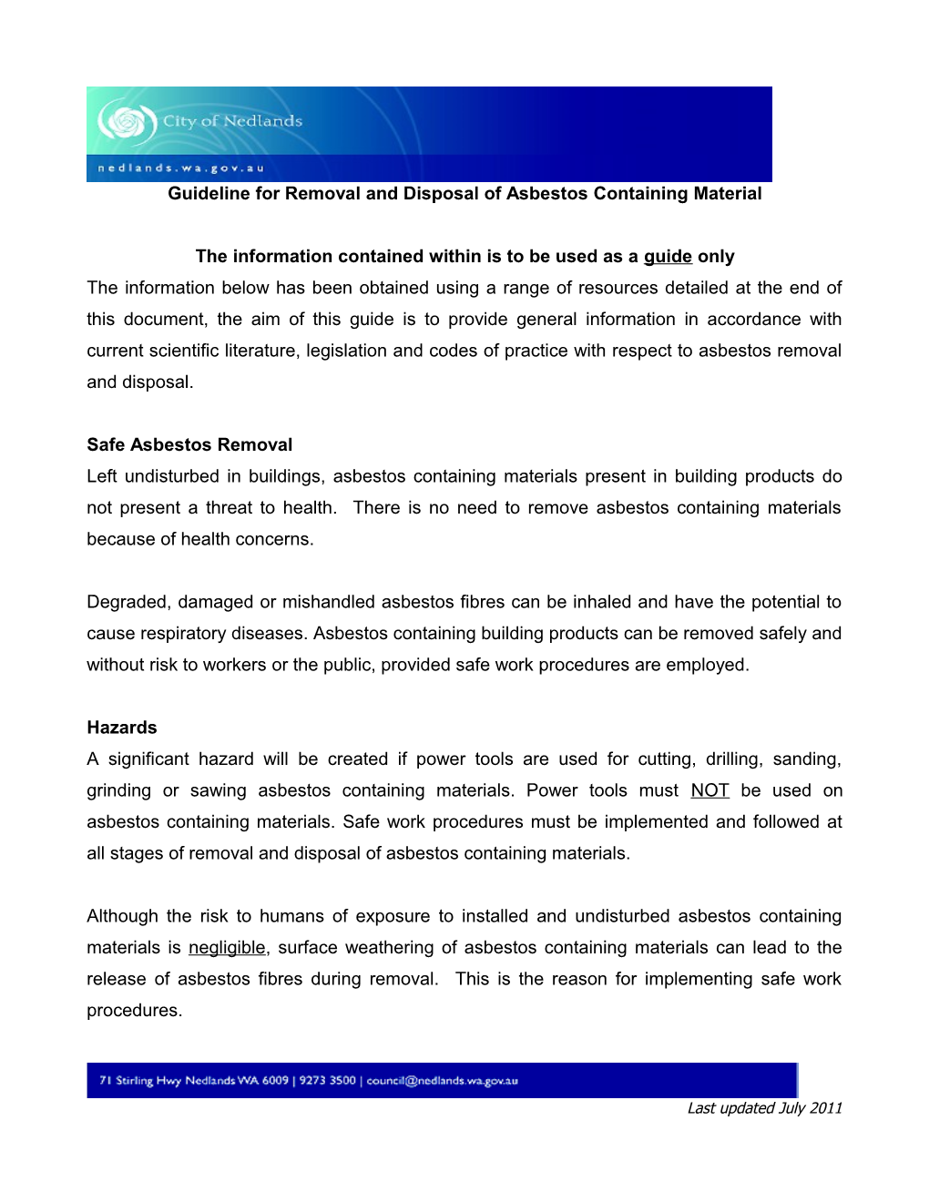 Guideline Forremoval and Disposal of Asbestos Containing Material