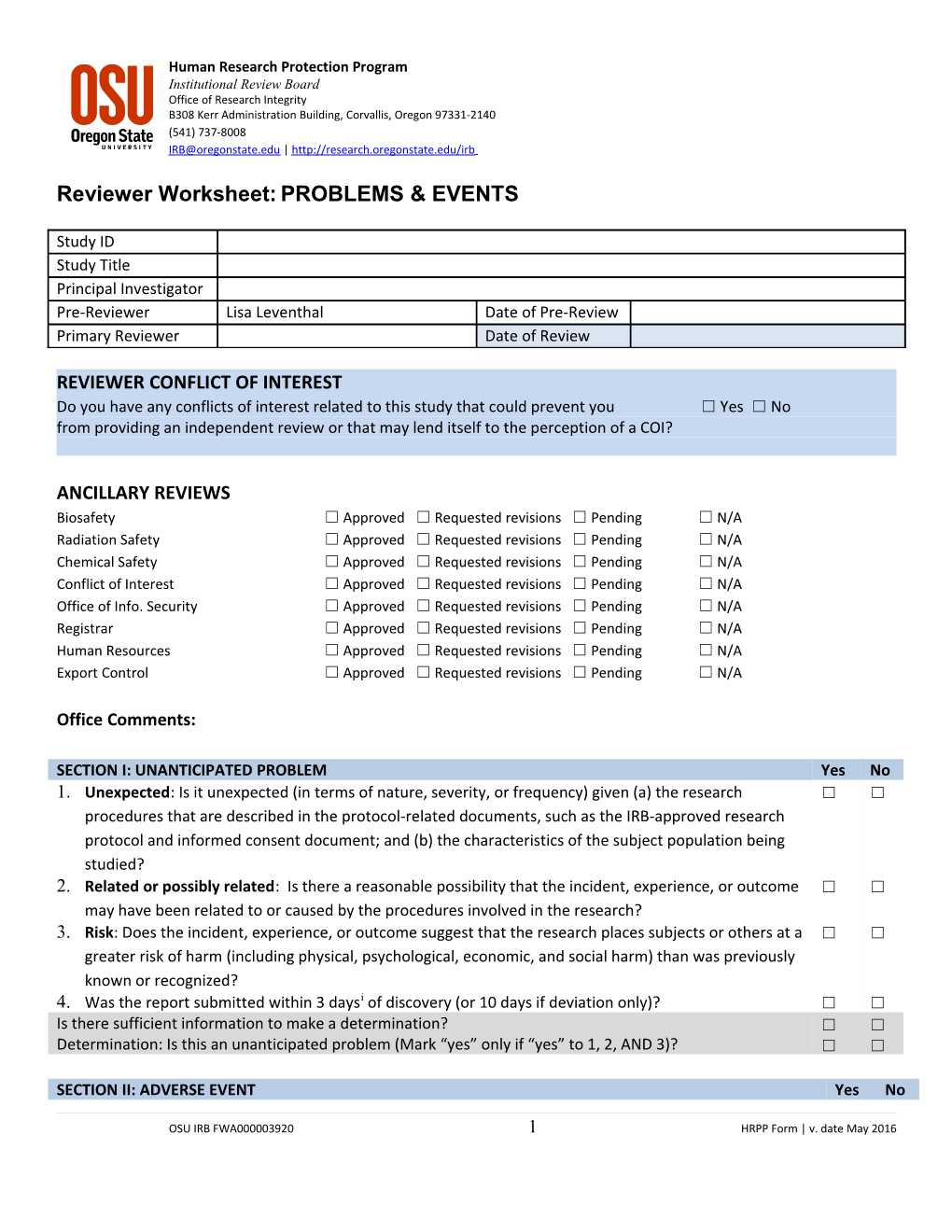 Reviewer Worksheet:PROBLEMS & EVENTS