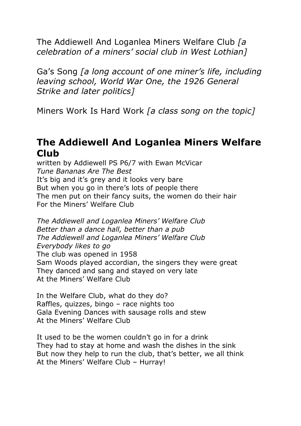 The Addiewell and Loganlea Miners Welfare Club