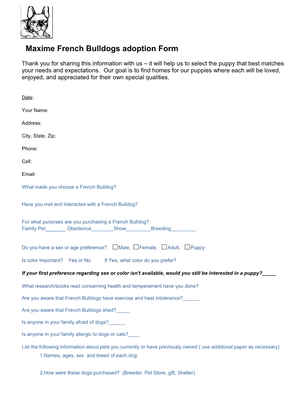 Maxime French Bulldog Adoption Form