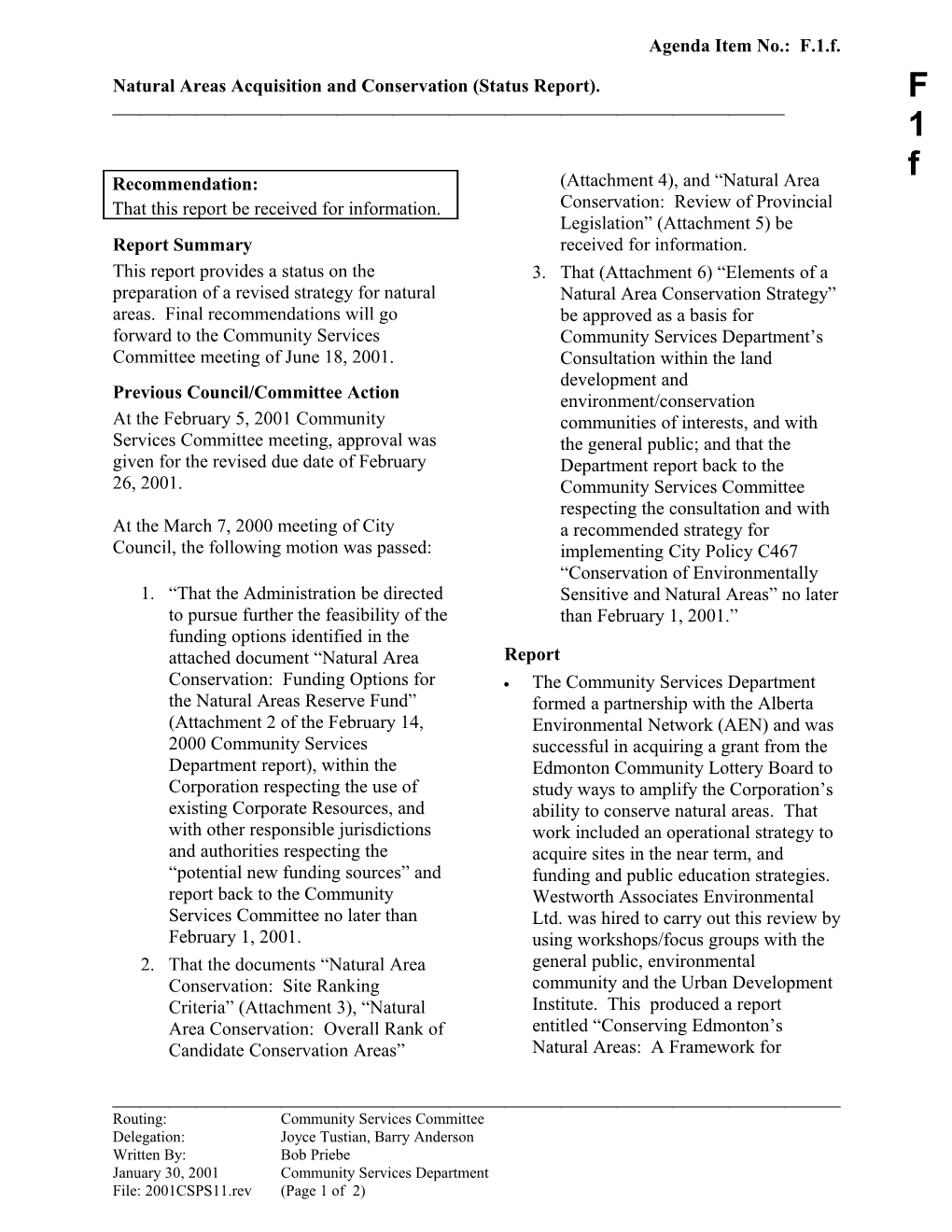 Report for Community Services Committee February 26, 2001 Meeting