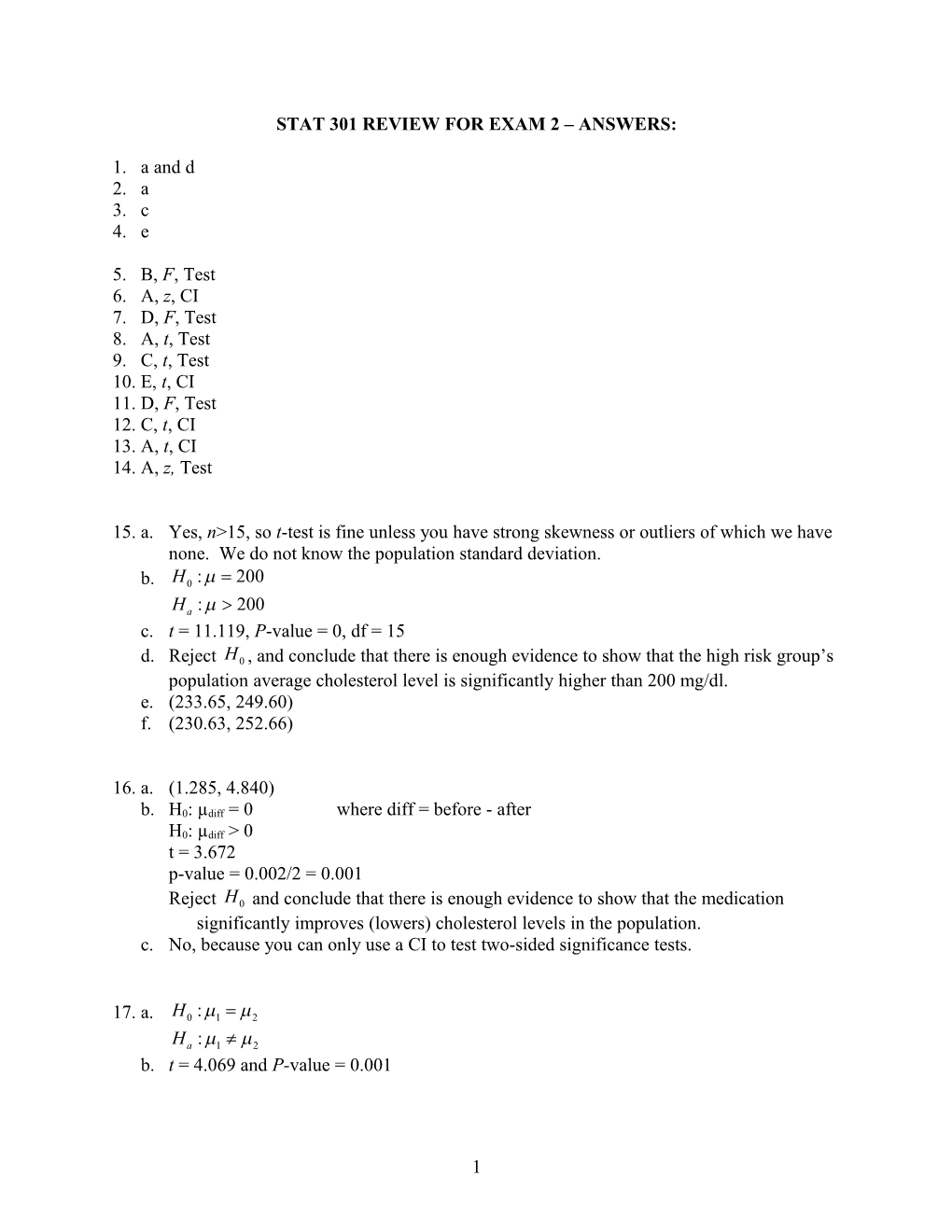 Stat 301 Review for Test 2 Answeres
