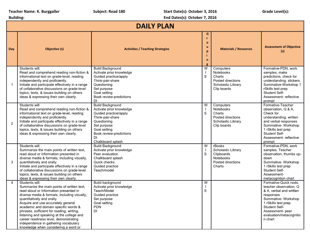 Teacher Name:K. Burggallersubject: Read 180Start Date(S): October 3, 2016Grade Level(S)