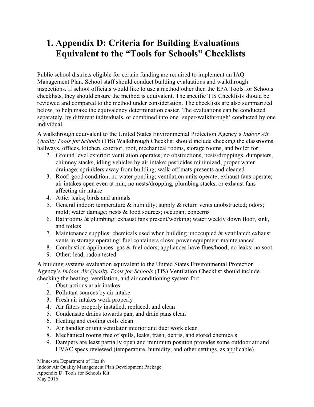 Attachment 4: Criteria for Building Systems Evaluations Equivalent to the Tools for Schools