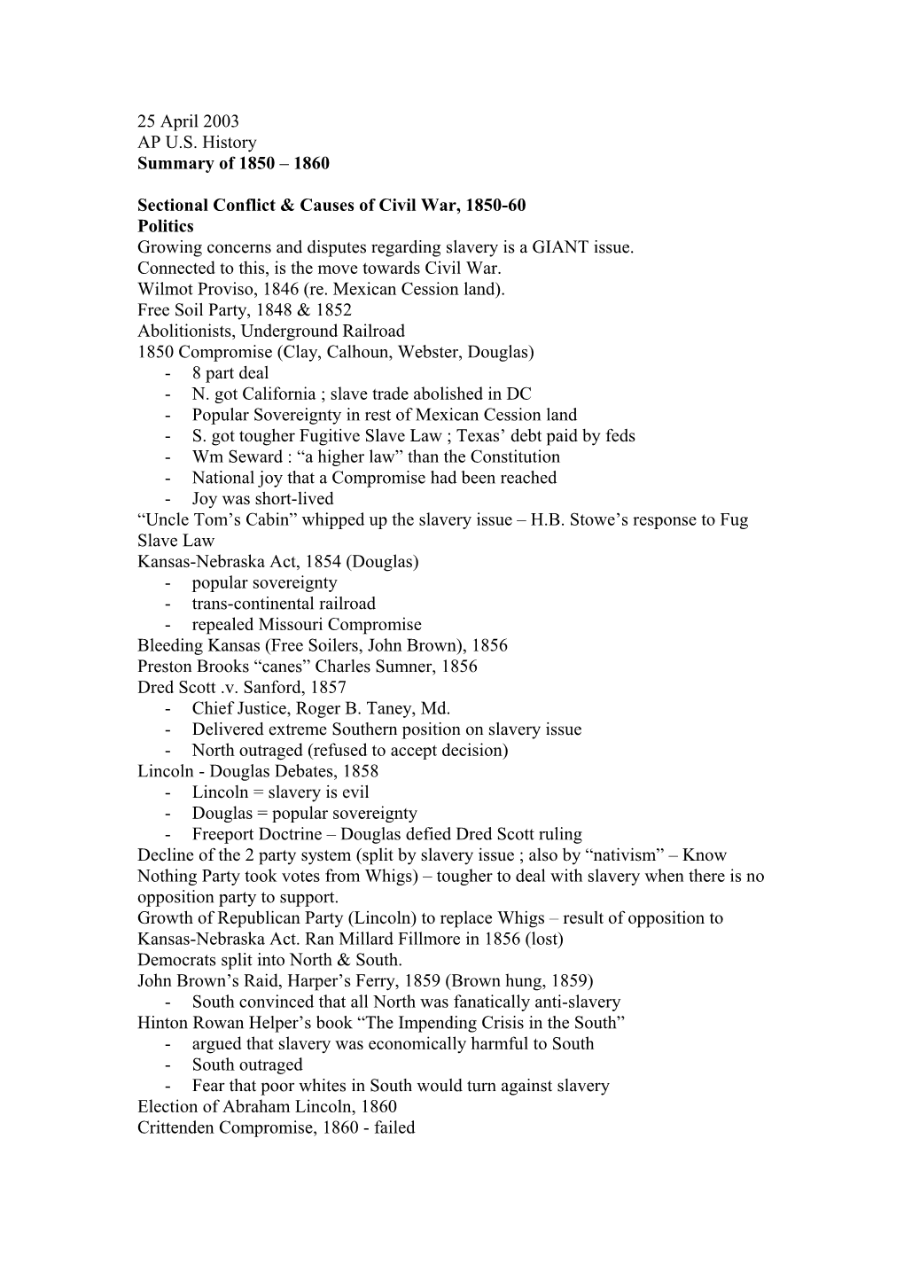 Sectional Conflict & Causes of Civil War, 1850-60