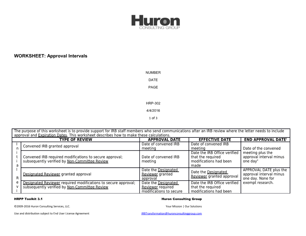 WORKSHEET: Approval Intervals