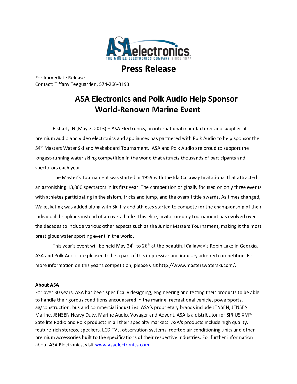 ASA Electronics and Polk Audio Help Sponsor