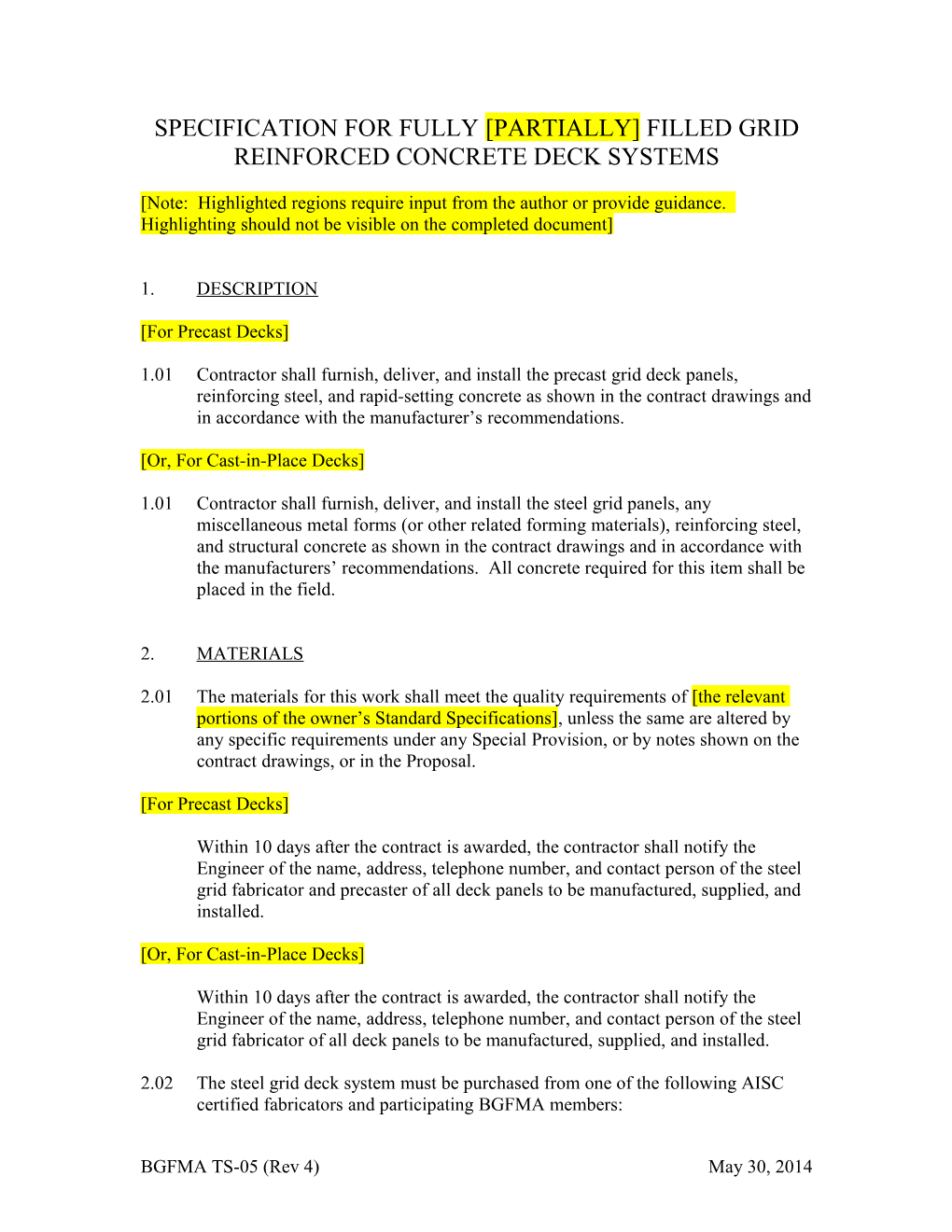 Specification for Fully Partially Filled Grid Reinforced Concrete Deck Systems