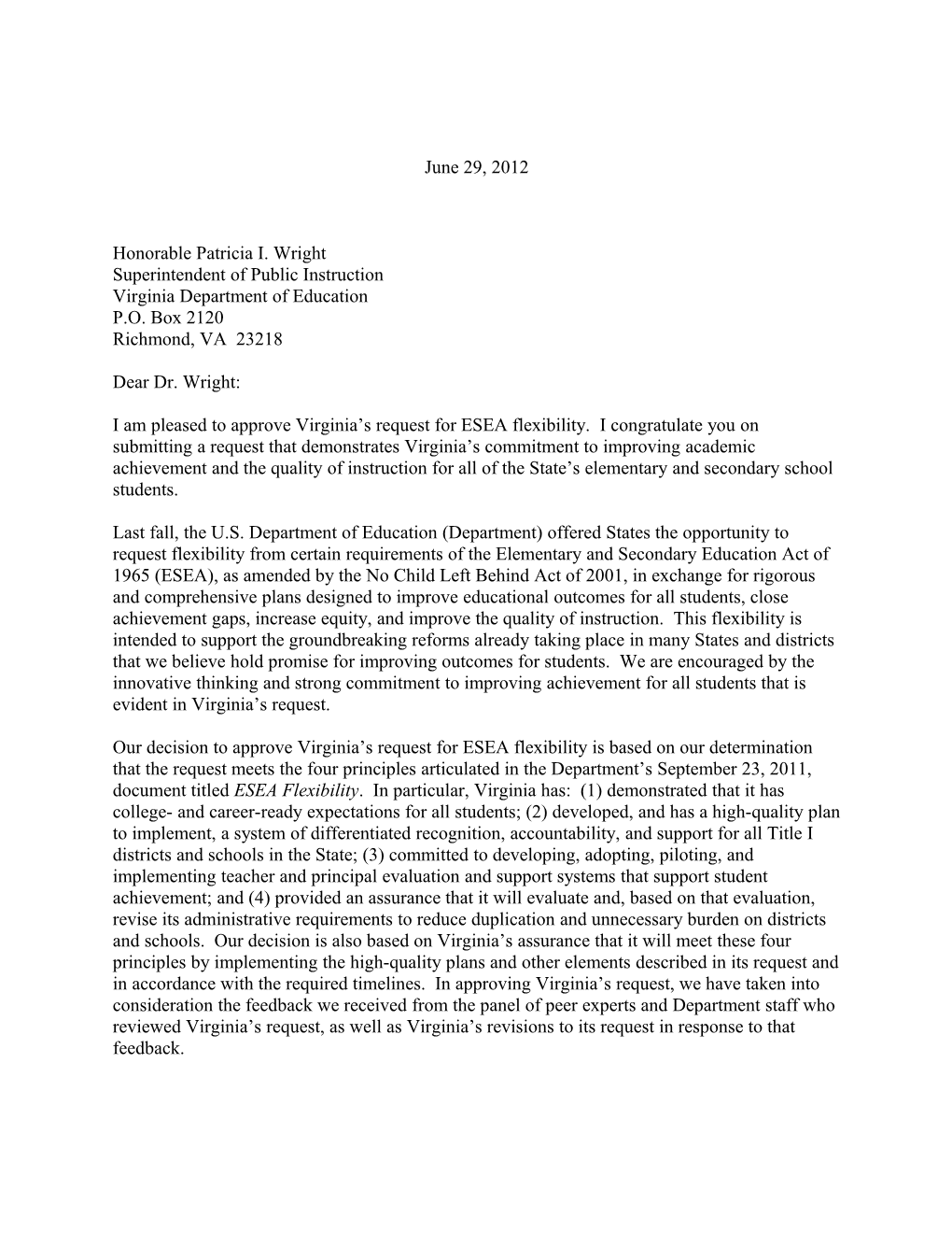 Virginia: ESEA Flexibility Requests, Secretary's Approval Letter June 29, 2012 (MS Word)