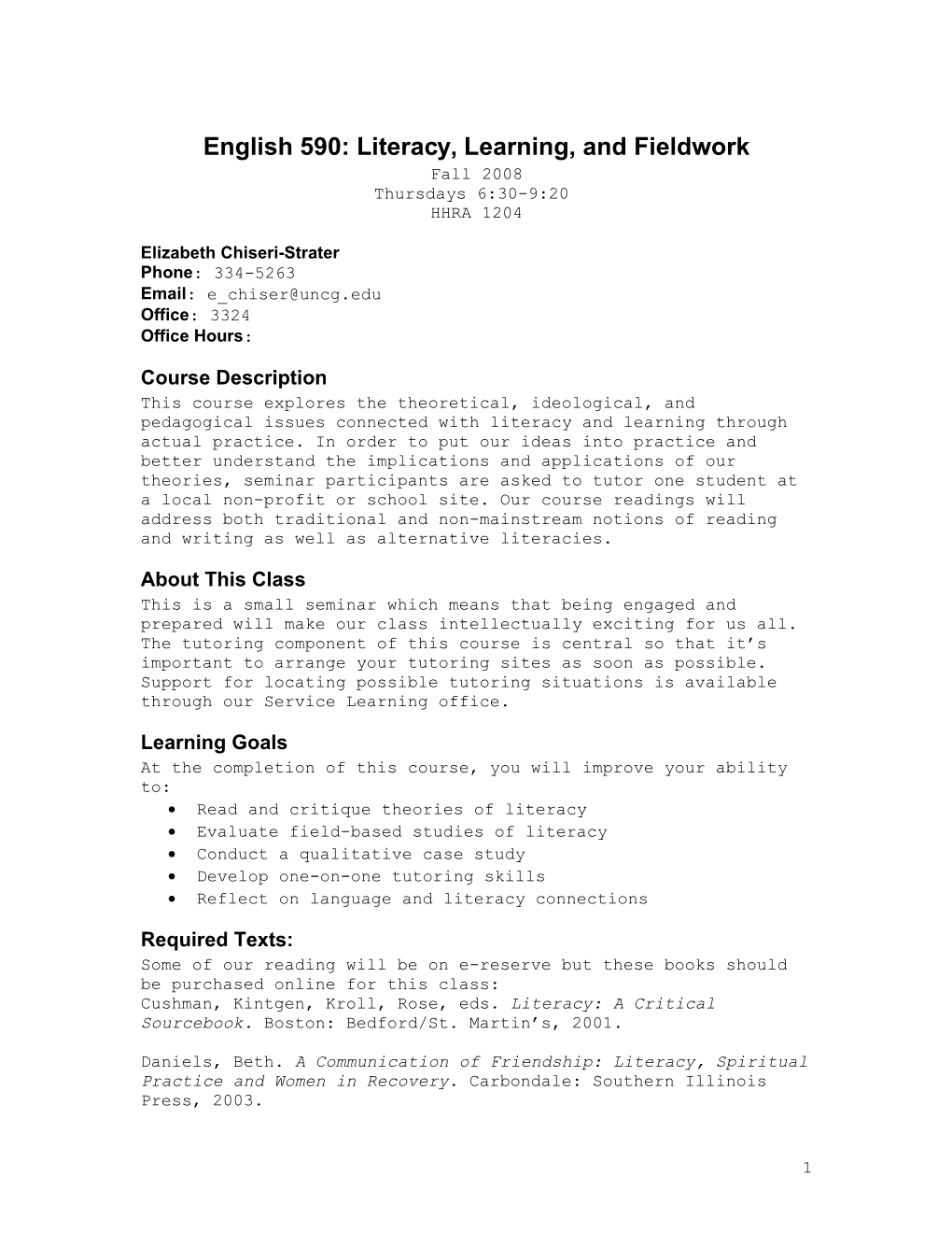 English 590:Literacy, Learning, and Fieldwork